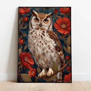 Owl Print, Owl And Flowers Poster, William Morris Inspired Owl Wall Art, Vintage Colourful Woodland Animal Illustration, Owl Lovers Gift