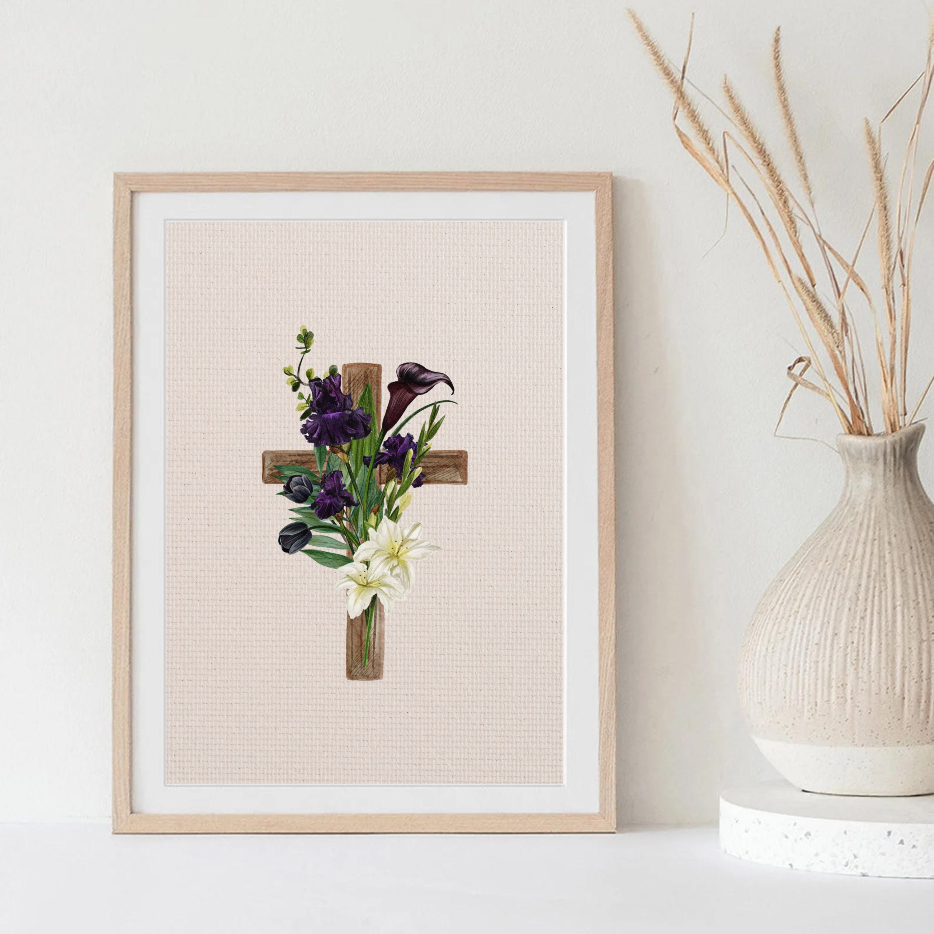 紫色の花がプリントされたイエスの十字架 - Etsy 日本