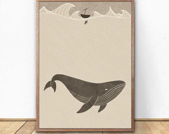 Jonah and the Whale Beige Print | Jonah 2:2 | Pencil Sketch of Jonah in water with whale