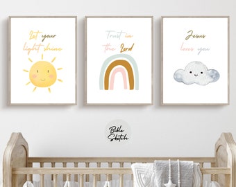 Religieus kinderkamerontwerp met zon, regenboog en wolken | Christelijke kinderkamer