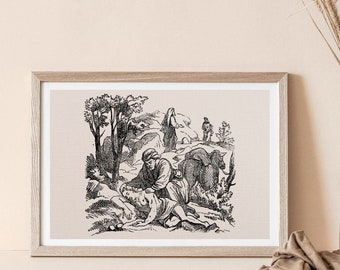 Puede incluir: Una ilustración en blanco y negro de un hombre ayudando a una persona que se ha caído al suelo. El hombre lleva un turbante y una túnica larga. La persona en el suelo lleva una túnica sencilla. Hay otras personas y animales en el fondo.