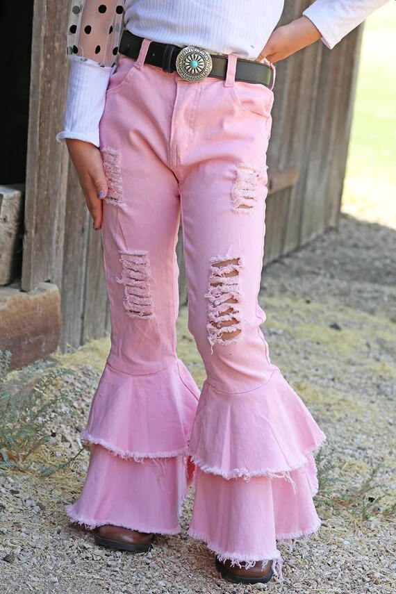 Light Pink Distressed Double Bell Bottom Jeans - Etsy