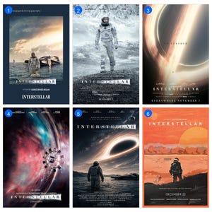 Könnte beinhalten: Eine Sammlung von sechs Interstellar-Filmplakaten mit verschiedenen Szenen, darunter Astronauten in Raumanzügen, schwarze Löcher und Planetenlandschaften. Jedes Plakat zeigt den Titel Interstellar in weißem Text mit einzigartigen Bildern.