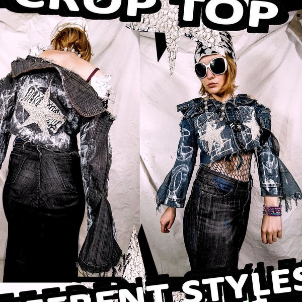 Sinskins Handmade Upcycled Custom Y2K Alternative Alt Aesthetic Graphic Gothic Grunge Baggy Star Wide Flared Arm Crop Top Denim Star Jacket