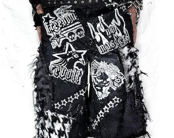 Pantalones anchos holgados hechos a mano, vaqueros, punk, gótico, rock, grunge, shorts, scene, emo, negro, alt, patchwork, y2k, cyber, rat bird, star fire, art clothing