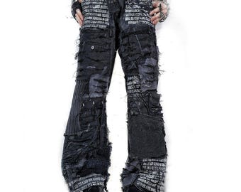 Jeans en croûte personnalisés faits à la main punk goth edgy rockstar scène métal emo noir alt patchwork y2k cyber GN star tribal rave vêtements fantastiques