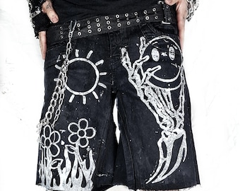 Handmade custom baggy wide jeans nature punk goth rock grunge scene emo black alt patchwork y2k cyber cross skull tribal flower art clothing