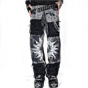 Handmade custom patch jeans punk goth edgy rockstar cross scene emo black alt baggy y2k cyber crust star tribal rave fantasy larp clothing