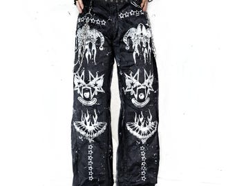 Handmade custom flared baggy wide jeans jester punk goth grunge scene emo black alt patchwork y2k cyber clown skull tribal stars art rave