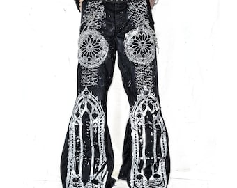 Jeans anchos acampanados hechos a mano, personalizados, estilo punk, gótico, rock, grunge, iglesia, emo, negro, alternativo, patchwork, Y2K, ciberpunk, cruz, catedral, arte tribal.