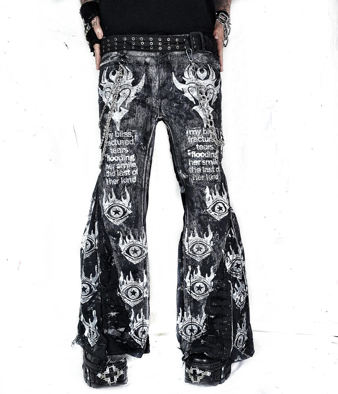 Handmade Custom Flared Patch Jeans Punk Goth Edgy Rockstar Scene 