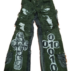 Sinskins Handmade Upcycled Custom Y2K Alternative Alt Aesthetic Graphic Gothic Grunge Baggy Star Wide Jeans Pants High Rise Patchwork Ripped