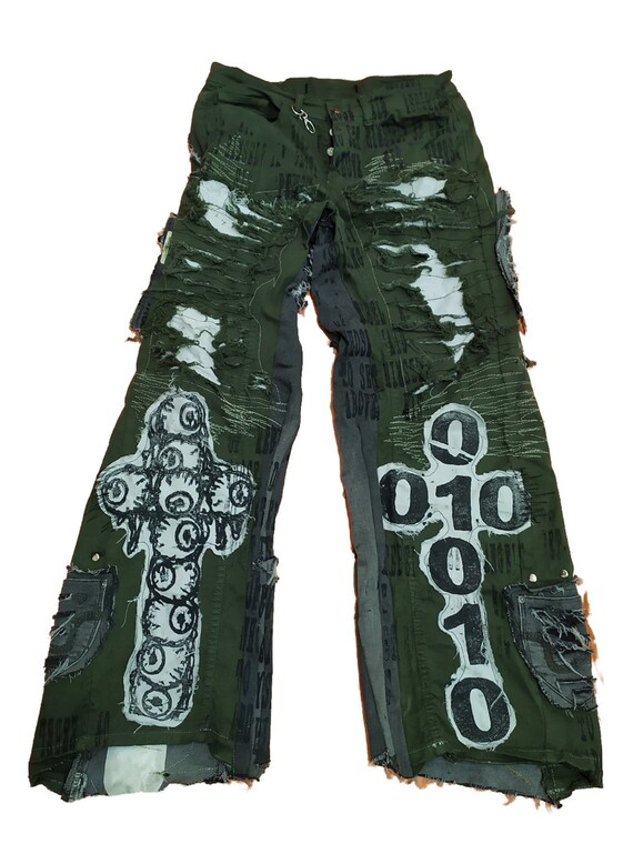 Sinskins Handmade Upcycled Custom Y2K Alternative Alt Aesthetic Graphic  Gothic Grunge Baggy Star Wide Jeans Pants High Rise Patchwork Ripped 