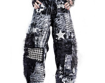 Jeans larges baggy personnalisés faits main punk goth rock illustration metal scene emo noir alt patchwork y2k cyber cross star tribal fantasy rave