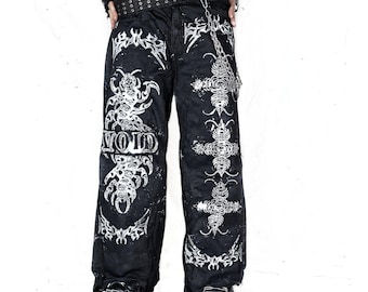 Handgemachte benutzerdefinierte Schlaghose baggy breite Jeans Punk Goth Rock Grunge Käfer Szene Emo schwarz alt Patchwork y2k Cyber Cross Insekt Stammeskunst Kleidung