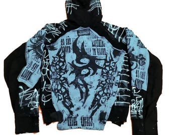 S Unique handmade hoodie custom flames punk goth fantasy emo studs rave festival rockstar skull apocalyptic cool cotton original