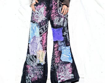 Handgemaakte aangepaste uitlopende patch jeans punk goth edgy blauw schattige scène zwart alt baggy y2k cyber neon star tribal rave kawaii roze emo kleding