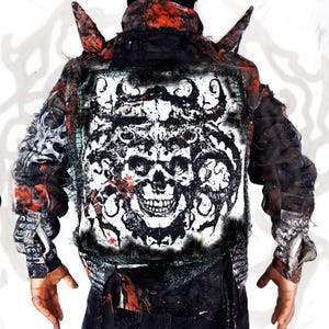 Handmade custom baggy jacket crust red blood punk goth rock grunge metal scene emo black alt patchwork y2k cyber spikes tribal art clothing