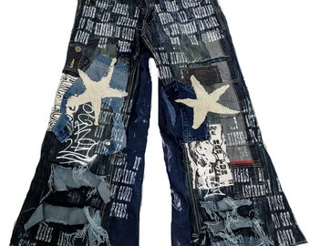 Sinskins Upcycled Baggy Alternative Swag Anime Estetica Grafica Goth Grunge Maximalist Y2K Cyber Core Jeans personalizzati Pantaloni larghi a vita alta