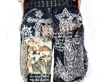 Handmade custom patch baggy unisex shorts jorts solarpunk punk goth boho rave emo black patchwork y2k cyber cross star tribal larp art alt