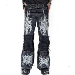 Handmade custom patch jeans punk goth edgy rockstar flared scene emo black alt baggy y2k cyber crust alien tribal rave fantasy larp clothing