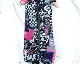 Handmade custom upcycled patch jeans punk goth edgy blue cute scene black alt baggy y2k cyber neon star tribal rave kawaii pink emo clothing