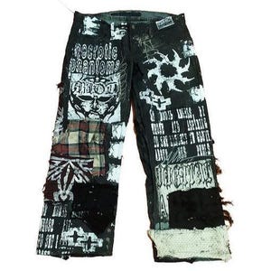 Unique Handmade Jeans Custom punk rock goth emo metal cyber dark tribal symbol graphic print  loose crust cool rave fantasy festival y2k