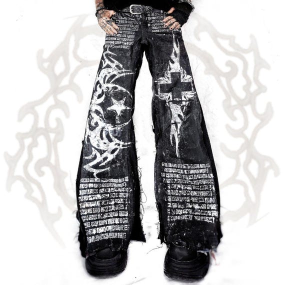 Handmade Custom Flared Baggy Wide Jeans Punk Goth Rock Grunge