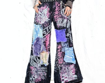 Jeans acampanados personalizados hechos a mano con parches, estilo punk gótico, atrevido, azul, lindo, escena, negro, alternativo, holgado, Y2K, cibernético, neón, estrella, tribal, rave, kawaii, rosa, ropa emo