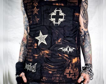 Custom handmade shirt tank top punk goth rock bleach metal scene emo black alt cut off print y2k cyber rave cross star tribal fantasy art x