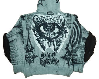 XXL Unique handmade hoodie custom eye punk goth fantasy emo studs rave festival rockstar skull apocalyptic cool cotton original