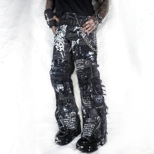 Vaqueros con parches personalizados hechos a mano, estilo punk, gótico, vanguardista, rockstar, metal, emo, negro, alternativo, holgado, Y2K, cyber crust, estrella, tribal, rave, fantasía, ropa de rol en vivo