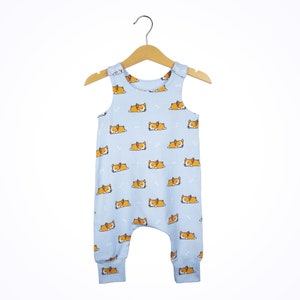 May include: Light blue baby overalls with a pattern of sleeping corgis and white bones. The overalls have adjustable straps and a relaxed fit.