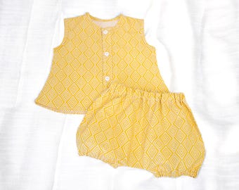 Gelbe Baumwolle Babykleidung Top und Pumphose, Sommer Leinen Jungen Mädchen Shorts und Hemd, Boho Kinderkleidung, Sommer Kleinkind Outfit