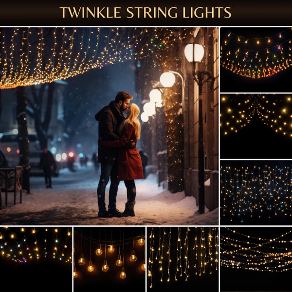 Twinkle String Lights Overlays for Photo Editing, Christmas Light Bulbs Digital Effect for Photoshop, Gold Bokeh Texture Photographer Pack