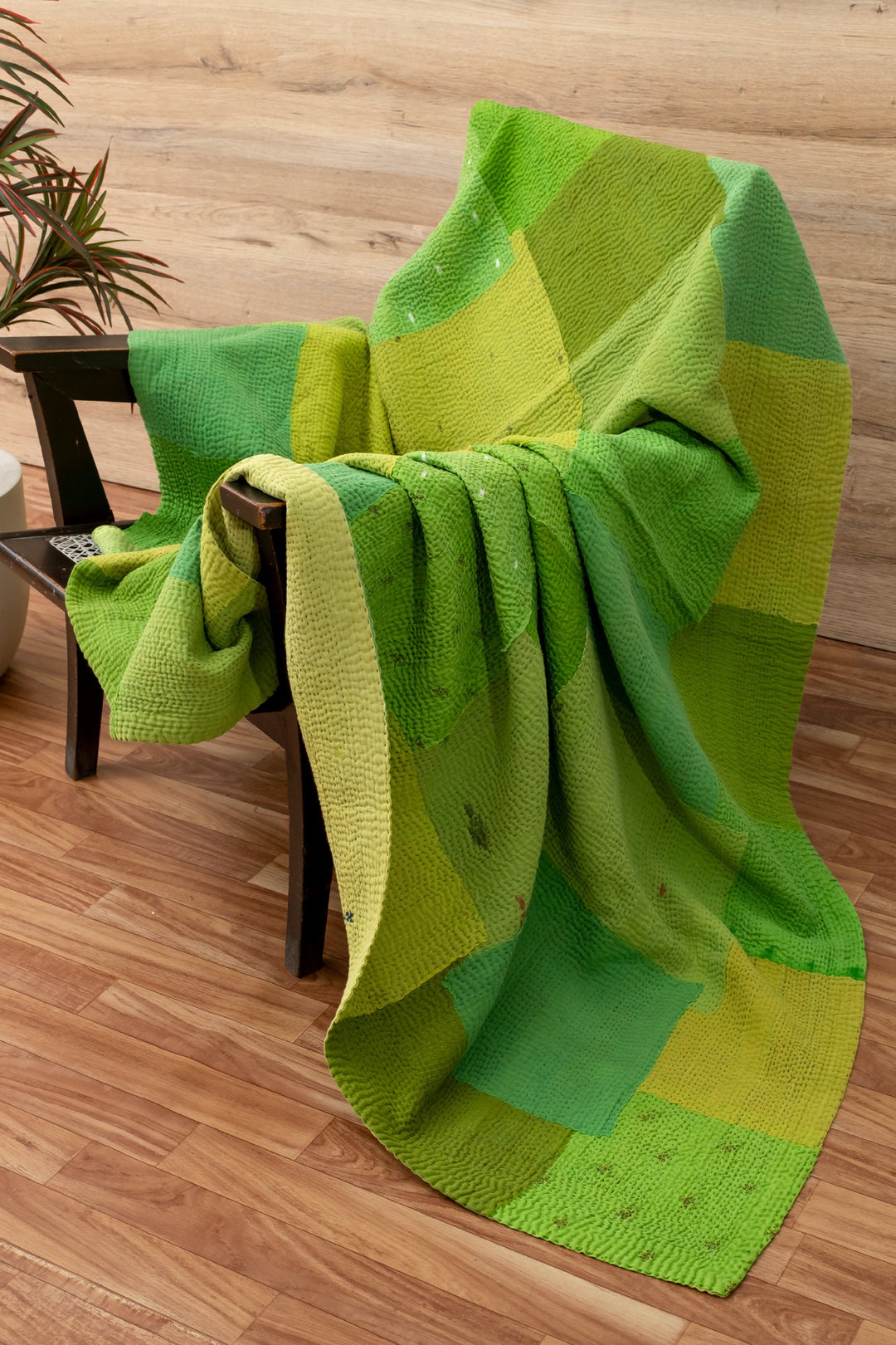 Mosaic Fray Handmade Vintage Kantha Throw Lime Green Etsy