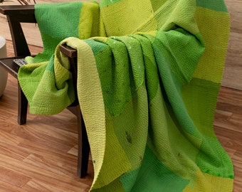 Mosaic Fray Handmade Vintage Kantha Throw - Lime Green