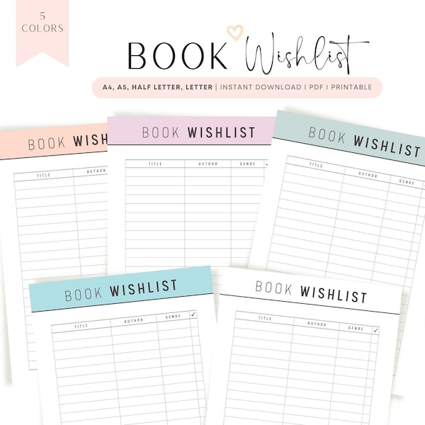 Book Wish List Printable, Reading Wish List Template, Pdf, A4, A5, Letter, Half Letter