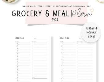 Weekly Meal Planner with Grocery List Template, 7 day menu plan, Food Planner, A4, Letter, Half Letter, A5, PDF