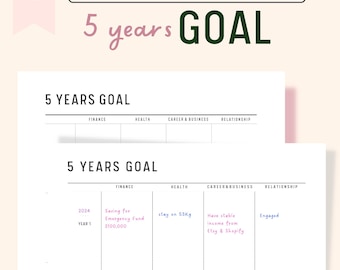 5-Year Goal Planner Printable: Finance, Health, Career, Relationships (Fillable, A4/A5/Letter/Half Letter), Yearly Goal