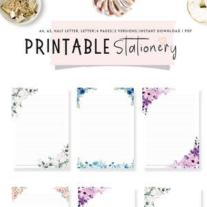 Papel de escribir imprimible, plantilla de papelería floral, papelería rellenable, juego de escritura, A4, A5, carta, media carta, PDF, 2 versiones