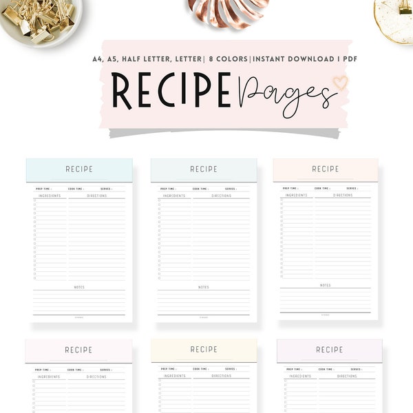 Recipe Page, Recipe Journal, Cooking Journal, Cook Book Template, Recipe Logbook, Recipe Card Template, Personalized Recipe, PDF, 8 Colors