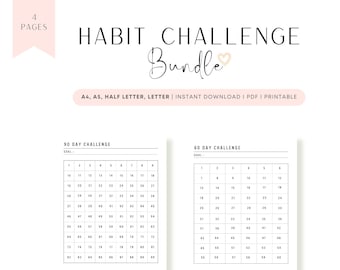 30, 60, 90 and 100 Day Habit Tracker, Habit Challenge Printable, PDF, A4, A5, Letter, Half Letter