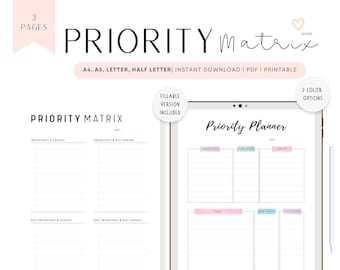 Priority Matrix Planner PRINTABLE: 3 pages, 2 colors (FILLABLE PDF)