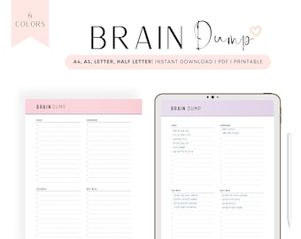 PRINTABLE Brain Dump Template: 6 colors, 2 versions, A4, A5, Letter, Half Letter (FILLABLE PDF)