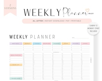 Colorful Weekly Hourly Planner PRINTABLE: A4, Letter (FILLABLE PDF)