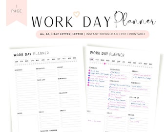 FILLABLE Work Day Planner PRINTABLE: Daily Organizer, A4 A5 Letter (PDF)