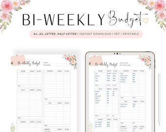 Bi Weekly Budget Printable, Budget Planner, Floral Theme, A4, A5, Letter, Half Letter, PDF, Fillable Budget Planner
