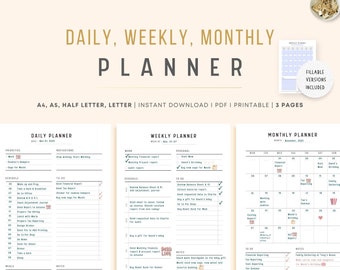 Printable Planner Bundle, Daily Weekly Monthly Planner, Sunday & Monday Start, A4, A5, Letter, Half Letter