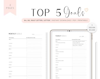 Top 5 Goals Planner: Yearly, Quarterly, Monthly, Weekly (Fillable PDF)